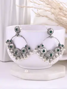 DASTOOR Silver-Plated Stone-Studded & Beaded Silver Oxidised Drop Earrings