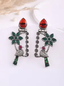 DASTOOR Silver-Plated Stone-Studded Silver Oxidised Drop Earrings