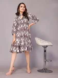 vj fashion Floral Print Keyhole Neck Puff Sleeves A-Line Dress