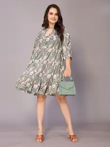 vj fashion Floral Print Keyhole Neck A-Line Dress