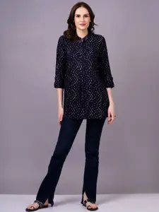 HIGHLIGHT FASHION EXPORT Women Navy Blue Mandarin Collar Animal Print Shirt Style Top