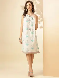 KALINI Floral Printed Tie-Up Neck Sleeveless Cotton A-Line Dress