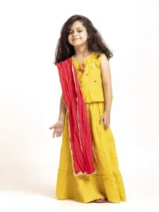 Sangria Yellow Girls Printed Mirror Work Pure Cotton Ready to Wear Lehenga Choli