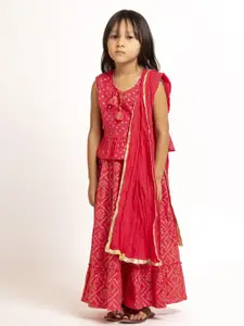 Sangria Red Girls Bandhani Printed Mirror Work Pure Cotton Ready to Wear Lehenga Choli