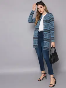 Chemistry Women Self Design Striped Woollen Longline Cardigan Sweaters
