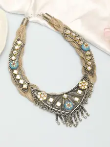 VIVAZS Brass And Jute Oxidised Silver Gold Plated Kundan Studded Crochet Necklace
