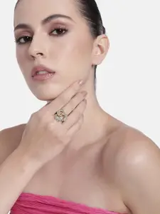 Estele Women Gold Plated Engraved Tri Circular Beaten Adjustable Finger Ring