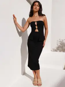 MIAKEE Mysha Self Design Strapless Top With Midi Skirt