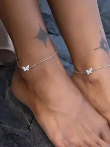 SHAYA 925 Sterling Silver Rhodium-Plated CZ Stone Studded Anklet