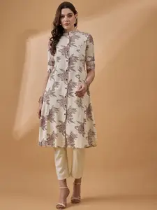 all about you Floral Printed Mandarin Collar Roll-Up Sleeves Cotton A-Line Kurta