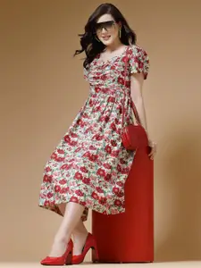 Indibelle Floral Printed Pleated Fit & Flare Midi Dress