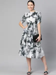 Indibelle Tie and Dye Puff Sleeve Tiered Empire Midi Dress