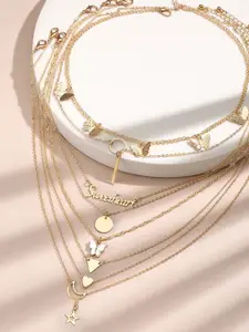 Jewels Galaxy Set Of 8 Gold-Plated Stone Studded Brass Layered Necklace