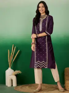 Sangria Ethnic Motif Embroidered A-Line Kurta