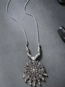 NVR Silver-Plated German Silver Oxidised Floral Shape Pendant With Chain