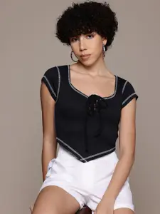 The Roadster Lifestyle Co. Women Dipped Hem Tie-Up Neck Ribbed Top