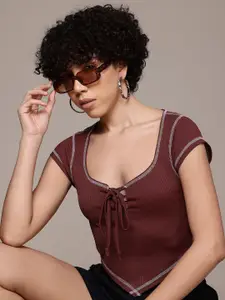 The Roadster Lifestyle Co. Women Dipped Hem Tie-Up Neck Ribbed Top