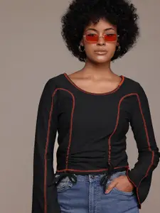 The Roadster Lifestyle Co. Ruched Ribbed Bell Sleeve Top