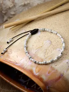 Sanjog Silver-Plated Oxidised Beaded Pearl Anklet