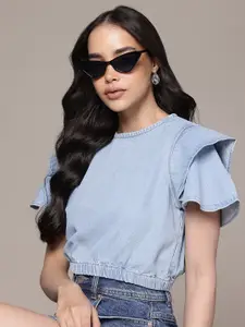 The Roadster Lifestyle Co. Flutter Sleeve Pure Cotton Denim Blouson Crop Top