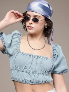 The Roadster Life Co. Pure Cotton Smocked Ruched Puff Sleeve Denim Crop Top