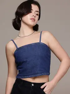 The Roadster Life Co. Shoulder Straps Smocked Detail Pure Cotton Denim Crop Cami Top