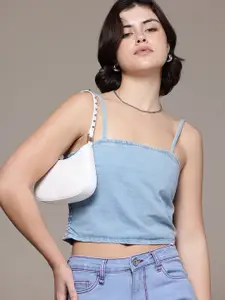 The Roadster Life Co. Shoulder Straps Smocked Detail Pure Cotton Denim Crop Cami Top