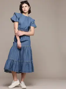 The Roadster Life Co. Denim Pure Cotton Ruffled Top with Tiered Skirt