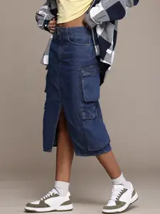 The Roadster Life Co. Women Cotton Front Slit Cargo Style Straight Midi Denim Skirt