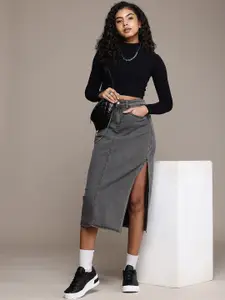 The Roadster Life Co. Women Side Slit Straight Midi Denim Skirt