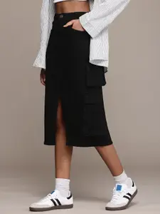 The Roadster Life Co. Women Front Slit Cargo Style Straight Midi Denim Skirt