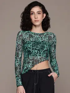 The Roadster Lifestyle Co. Semi Sheer Asymmetric Hem Quirky Printed Top