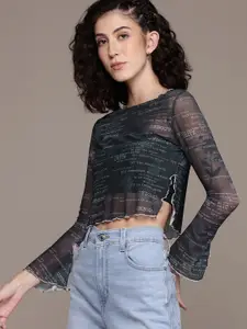 The Roadster Lifestyle Co. Printed Slit Sleeve Sheer Crop Top