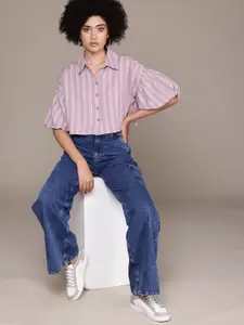 The Roadster Lifestyle Co. Striped Puff Sleeves Shirt-Style Crop Top