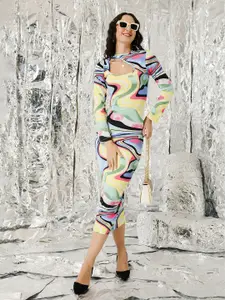 TANDUL Printed Asymmetric Neck Sheath Midi Dress