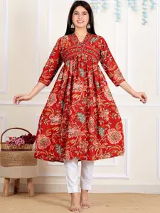 Vbuyz Floral Printed Thread Work Cotton A-Line Kurta