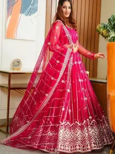 KALINI Embroidered Beads and Stones Semi-Stitched Lehenga & Unstitched Blouse With Dupatta