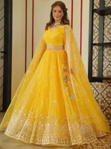 KALINI Embroidered Sequinned Net Semi Stitched Lehenga & Unstitched Blouse With Dupatta