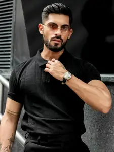 Maniac Men Striped Polo Collar Pockets Slim Fit T-shirt