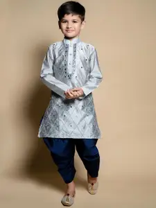 BAESD Boys Floral Embroidered Regular Mirror Work Dupion Silk Kurta with Pyjamas