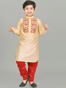 BAESD Boys Floral Embroidered Straight Thread Work Dupion Silk Kurta with Pyjamas