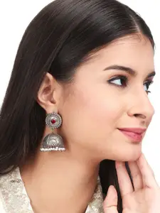 Anvik Silver-Plated Stone-Studded & Beaded Oxidised Dome Shaped Jhumkas