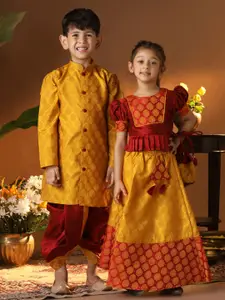 VASTRAMAY Girls Woven Design Puff Sleeves Ready to Wear Lehenga & Blouse