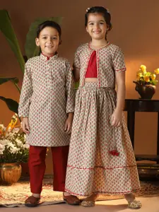 VASTRAMAY Girls Floral Printed Cotton Ready to Wear Lehenga With Blouse & Jacket