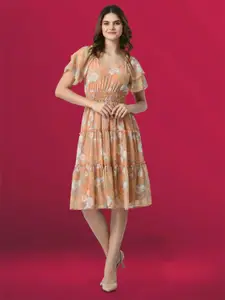 all about you Floral Printed Flutter Sleeve Georgette Fit & Flare Dress