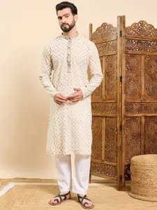 House of Pataudi Ethnic Motifs Embroidered Mandarin Collar Straight Kurta