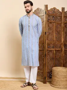 House of Pataudi Geometric Woven Design Mandarin Collar Straight Kurta
