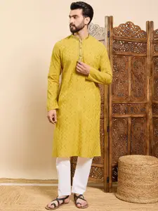 House of Pataudi Geometric Woven Design Mandarin Collar Straight Kurta