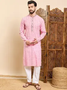 House of Pataudi Geometric Woven Design Mandarin Collar Straight Kurta