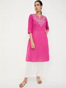 max Ethnic Motifs Yoke Design Thread Work Notched Round Neck Cotton Straight Kurta
